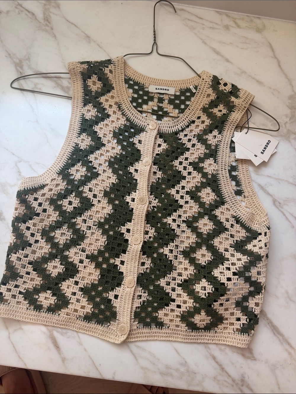 Sandro Crochet Button-Front Vest in Cream and Green